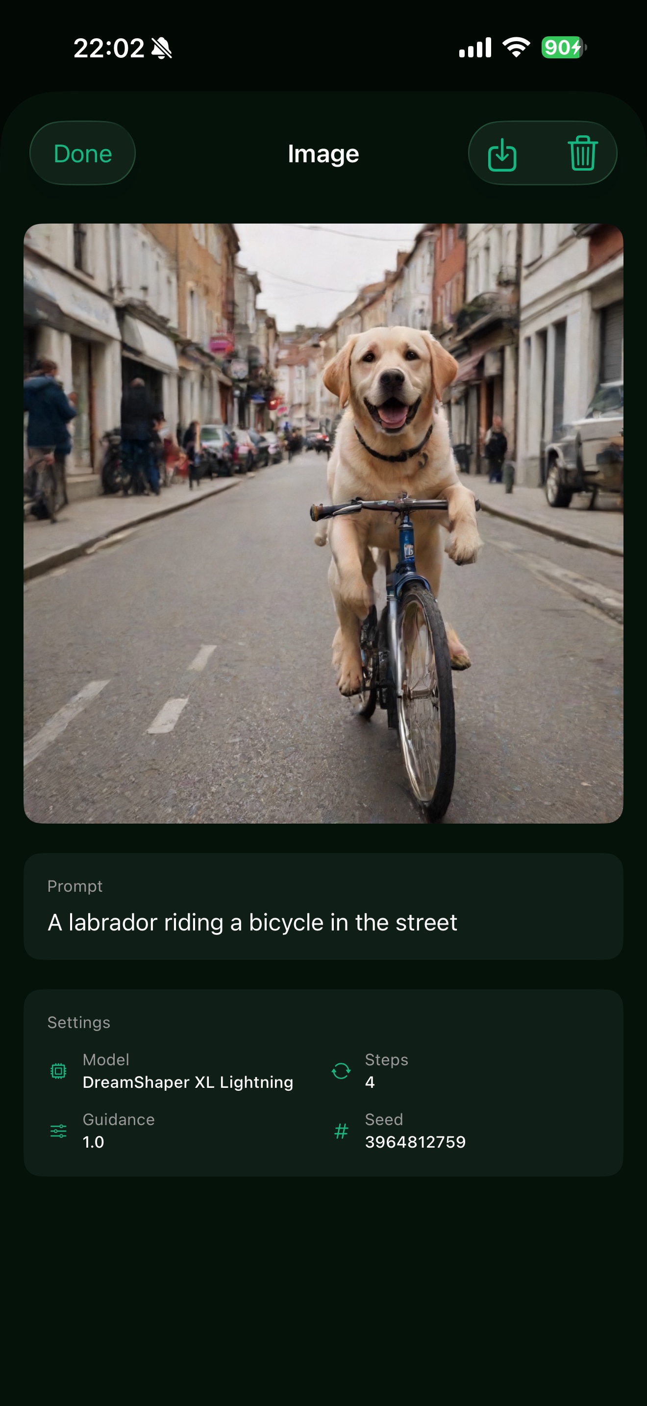 AI-generated image detail with metadata on iPhone